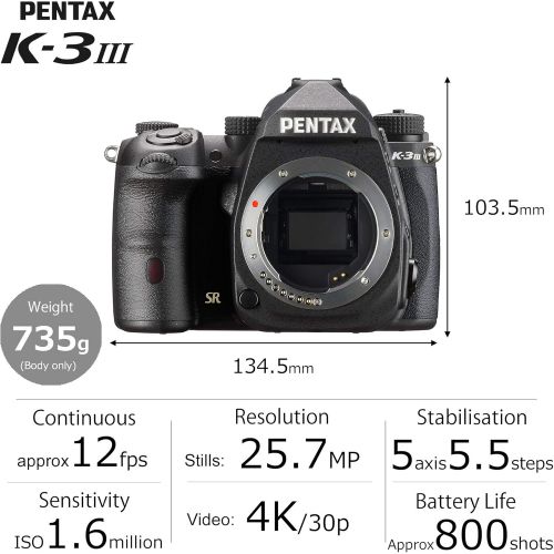  Pentax K-3 Mark III Flagship APS-C Black Camera Body - 12fps, Touch Screen LCD, Weather Resistant Magnesium Alloy Body with in-Body 5-Axis Shake Reduction. 1.05x Optical viewfinder