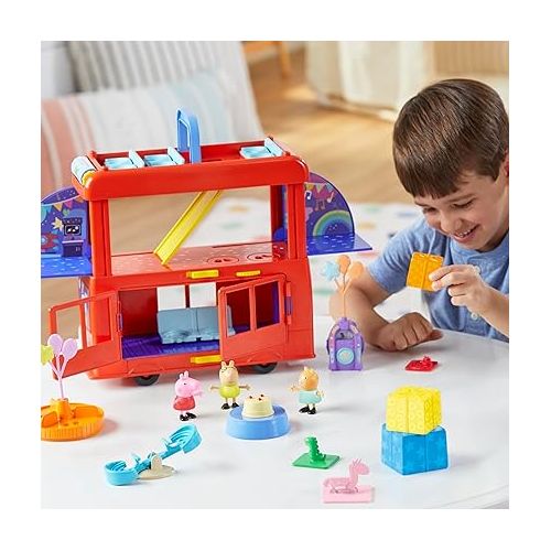  Peppa Pig 2-in-1 Party Bus Playset with 3 Figures and 13 Accessory Pieces, Preschool Toys for Girls and Boys 3 and Up