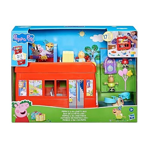  Peppa Pig 2-in-1 Party Bus Playset with 3 Figures and 13 Accessory Pieces, Preschool Toys for Girls and Boys 3 and Up