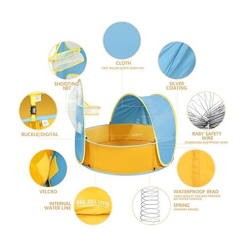  Peradix Paddling Pool for Kids & Pets, Kids Ball Pit Tent 3 in 1, Pop Up Wading Pool Tent with UV Protection Sunshade Canopy Basketball Hoop, Portable Beach Backyard Toys for Indoor Outdoor Activity