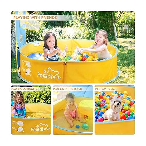  Peradix Paddling Pool for Kids & Pets, Kids Ball Pit Tent 3 in 1, Pop Up Wading Pool Tent with UV Protection Sunshade Canopy Basketball Hoop, Portable Beach Backyard Toys for Indoor Outdoor Activity