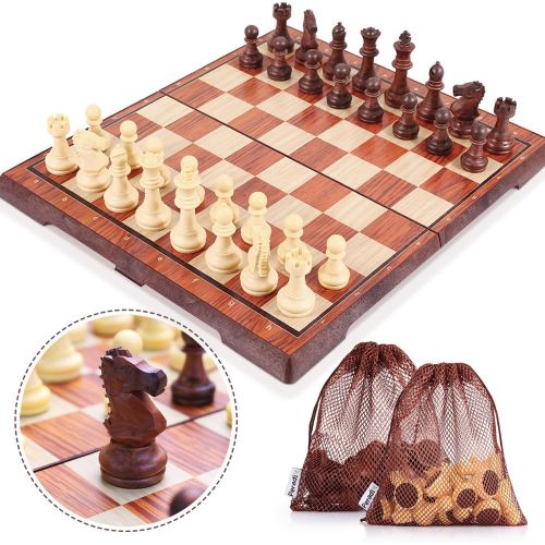  [아마존베스트]Peradix Magnetic Folding Chess Set, Big Size with 2 Storage Bags for Carpets Bottom Chess Pieces Storage, Folding Latch Box Lightweight for Easy Carrying, Portabl Travel Game for K