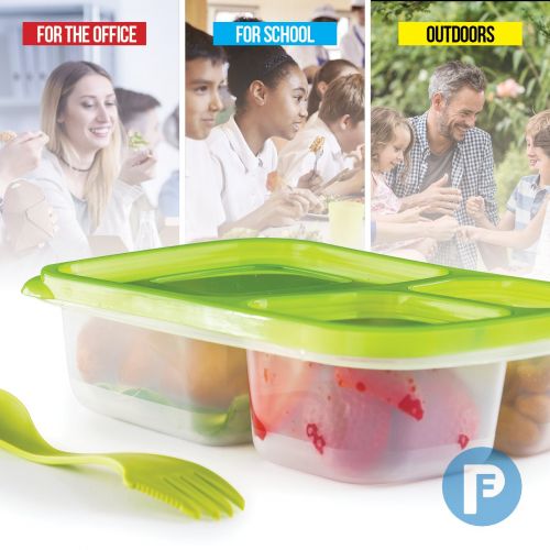  Perfect Fit Bento Lunch 3 Compartment Food Set of 10 Storage Meal prep Container Boxes Ideal for Adults, Toddler, Kids, Girls, and Boys  Free 2-in-1 Fork/Spoon & Puzzle Sandwich