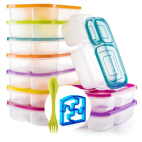  Perfect Fit Bento Lunch 3 Compartment Food Set of 10 Storage Meal prep Container Boxes Ideal for Adults, Toddler, Kids, Girls, and Boys  Free 2-in-1 Fork/Spoon & Puzzle Sandwich