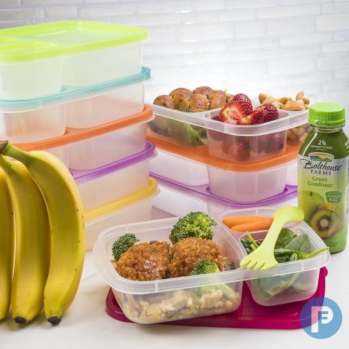  Perfect Fit Bento Lunch 3 Compartment Food Set of 10 Storage Meal prep Container Boxes Ideal for Adults, Toddler, Kids, Girls, and Boys  Free 2-in-1 Fork/Spoon & Puzzle Sandwich