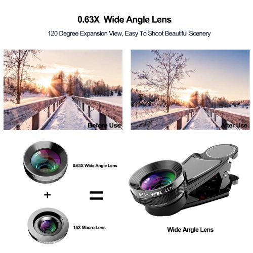  PerfectPromise 6 in 1 Cell Phone Camera Lens Kits 0.63X Super Wide-Angle & 15X Macro Lens +198° Fisheye Lens+ Telephoto Lens + Kaleidoscope Lens+CPL Lens Compatible iPhone Samsung