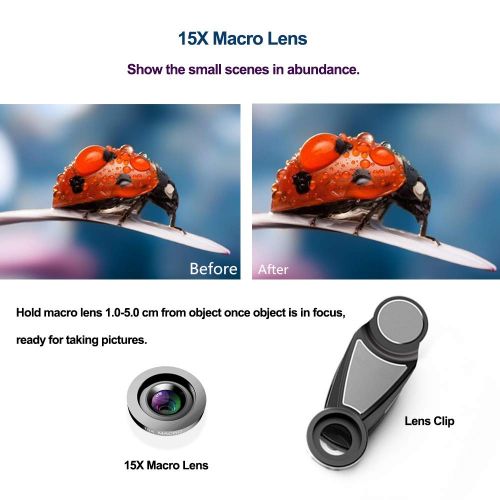  PerfectPromise 6 in 1 Cell Phone Camera Lens Kits 0.63X Super Wide-Angle & 15X Macro Lens +198° Fisheye Lens+ Telephoto Lens + Kaleidoscope Lens+CPL Lens Compatible iPhone Samsung