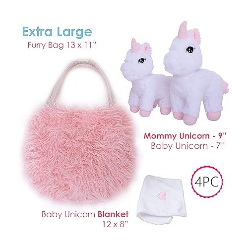  Perfectto Design Unicorn Toy for Girls Age 3-10. 4 PCS Set - Mommy and Baby Stuffed Animals, Bag and a Doll Blanket. Unicorn Gift for 3-8 Year Old Birthdays and Christmas.
