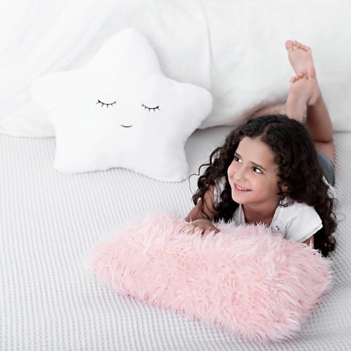  PerfecttoDesign Set of 2 Decorative Throw Pillows for Girls, Baby Kids. Star Fluffy White Cute Embroidered Sleeping Face and Furry Pink Faux Fur, Soft and Plush - For Crib - Nursery Toddler or Tee