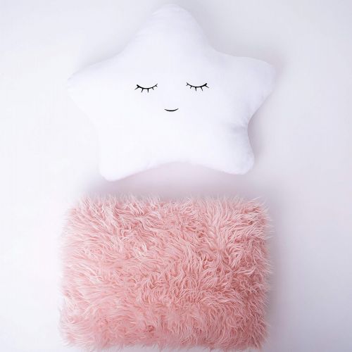  PerfecttoDesign Set of 2 Decorative Throw Pillows for Girls, Baby Kids. Star Fluffy White Cute Embroidered Sleeping Face and Furry Pink Faux Fur, Soft and Plush - For Crib - Nursery Toddler or Tee