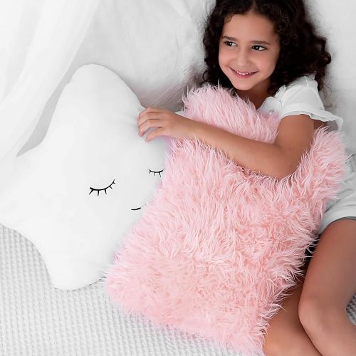  PerfecttoDesign Set of 2 Decorative Throw Pillows for Girls, Baby Kids. Star Fluffy White Cute Embroidered Sleeping Face and Furry Pink Faux Fur, Soft and Plush - For Crib - Nursery Toddler or Tee