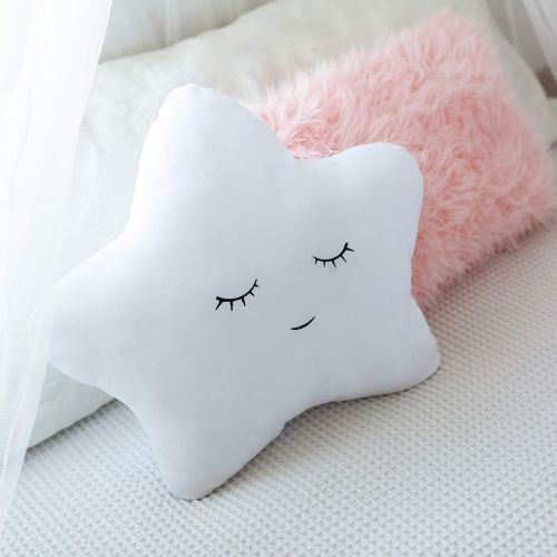  PerfecttoDesign Set of 2 Decorative Throw Pillows for Girls, Baby Kids. Star Fluffy White Cute Embroidered Sleeping Face and Furry Pink Faux Fur, Soft and Plush - For Crib - Nursery Toddler or Tee