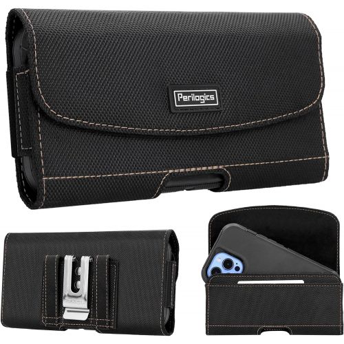  [아마존베스트]Perilogics Nylon Belt Holster for iPhone 12, 12 Pro Max, 11, 11 Pro Max, Xs Max, XR, 8 Plus with Rugged Case. Phone Pouch with Chestnut Stitching. Strong Magnetic Cover, Belt Loops, ID Slot (