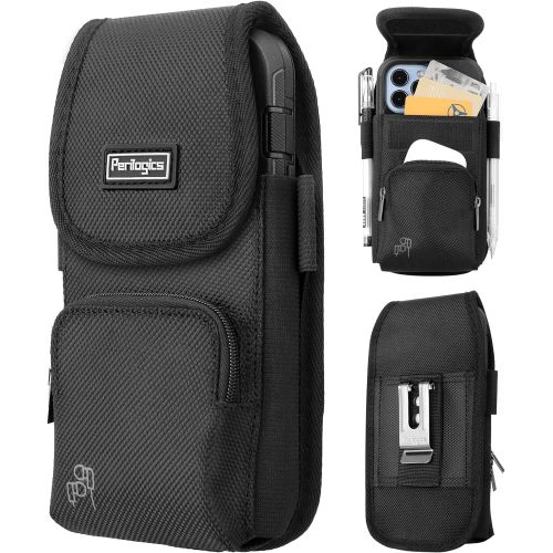  [아마존베스트]Perilogics Rugged Nylon Cell Phone Holster for iPhone 12, 12 Pro Max, 11, 11 Pro Max, Xs Max, Xr, 8 Plus with Armor Type Phone Case. Belt Clip Pouch with Velcro Closure, Zipper Storage, Card