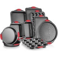 Perlli 10-Piece Nonstick Carbon Steel Bakeware Set With Red Silicone Handles | |Metal, Reusable, Quality Kitchenware For Cooking & Baking Cake Loaf, Muffins &More | Non Stick Kitch