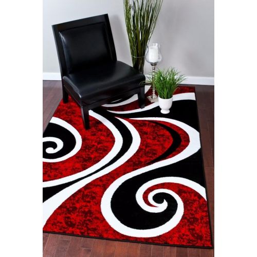  Persian Area Rugs 0327 Red Black Swirl White Area Rug Carpet 5x7 Modern Abstract