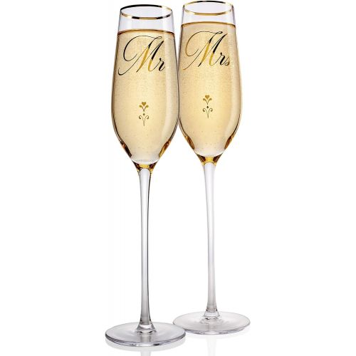  [아마존베스트]Personalization Lab Mr. & Mrs. Wedding Champagne Flutes, Gold Print Elegant Design Bride & Groom Champagne Glasses for Toasting, Comes w/ Elegant Gift Box, His and Hers Engagement Party, Bridal Shower