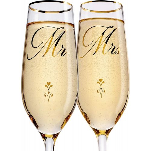  [아마존베스트]Personalization Lab Mr. & Mrs. Wedding Champagne Flutes, Gold Print Elegant Design Bride & Groom Champagne Glasses for Toasting, Comes w/ Elegant Gift Box, His and Hers Engagement Party, Bridal Shower