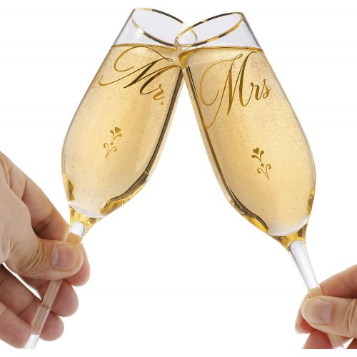  [아마존베스트]Personalization Lab Mr. & Mrs. Wedding Champagne Flutes, Gold Print Elegant Design Bride & Groom Champagne Glasses for Toasting, Comes w/ Elegant Gift Box, His and Hers Engagement Party, Bridal Shower