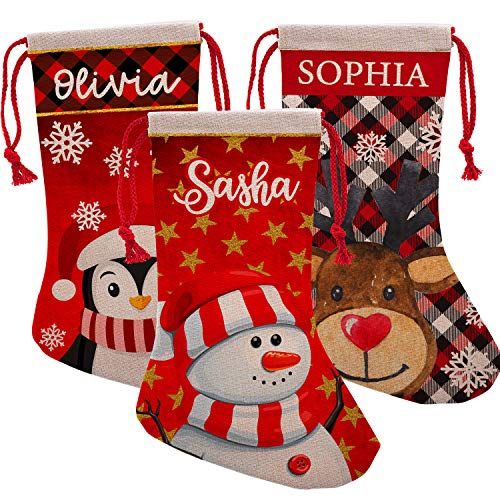  Personalization Lab Set of 5, Custom Christmas Name Stockings w/ 9 Patterns 12 Font - 16 in Personalized Name, Santa, Unicorn, Snowman, Reindeer, Penguin, Fireplace Holiday Stocking Decorations, Gift