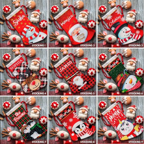  Personalization Lab Set of 5, Custom Christmas Name Stockings w/ 9 Patterns 12 Font - 16 in Personalized Name, Santa, Unicorn, Snowman, Reindeer, Penguin, Fireplace Holiday Stocking Decorations, Gift