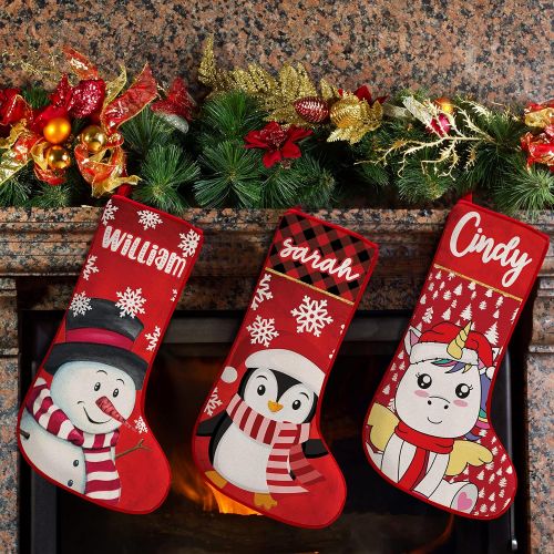  Personalization Lab Set of 5, Custom Christmas Name Stockings w/ 9 Pattern 12 Font - 19 in Personalized Name, Santa, Unicorn, Snowman, Reindeer, Penguin, Fireplace Holiday Stocking, Kids Christmas Sto