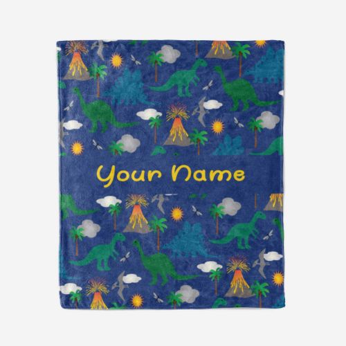  Personalized Corner Custom Dark Blue Dinosaur Fleece Throw Blanket for Kids - Boys Girls Baby Toddler Infants Blankets for Bed (50x60 Inches)