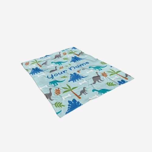  Personalized Corner Custom Light Blue Dinosaur Fleece Throw Blanket for Kids - Boys Girls Baby Toddler Infants Blankets for Bed (60x80 Inches)