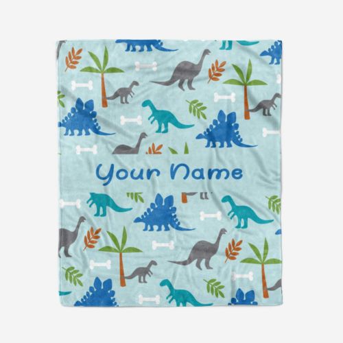  Personalized Corner Custom Light Blue Dinosaur Fleece Throw Blanket for Kids - Boys Girls Baby Toddler Infants Blankets for Bed (60x80 Inches)