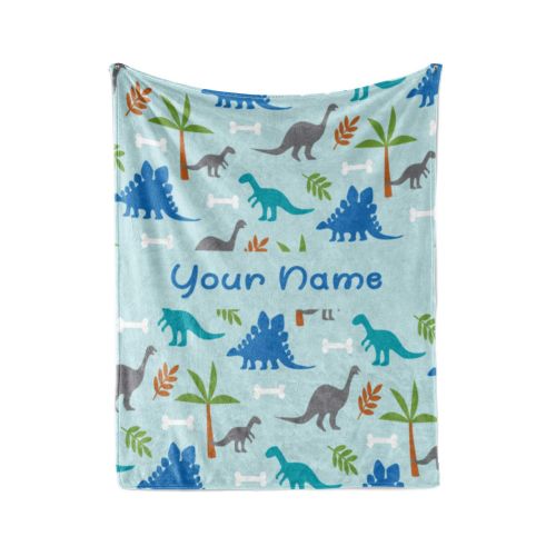  Personalized Corner Custom Light Blue Dinosaur Fleece Throw Blanket for Kids - Boys Girls Baby Toddler Infants Blankets for Bed (60x80 Inches)