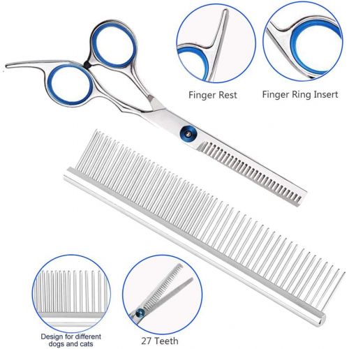  Pet Deluxe Pet Dog Grooming Scissors Kit, Stainless Steel 5 in 1 Premium Set, Safety Round Tip Grooming Shears for Large Dogs, Cats or Other Pets.