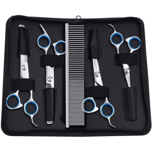  Pet Deluxe Pet Dog Grooming Scissors Kit, Stainless Steel 5 in 1 Premium Set, Safety Round Tip Grooming Shears for Large Dogs, Cats or Other Pets.