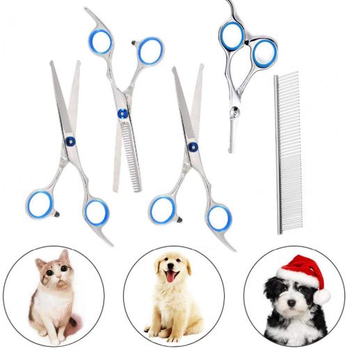  Pet Deluxe Pet Dog Grooming Scissors Kit, Stainless Steel 5 in 1 Premium Set, Safety Round Tip Grooming Shears for Large Dogs, Cats or Other Pets.