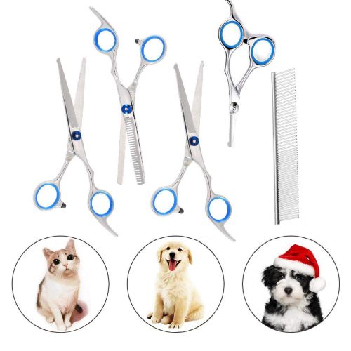  Pet Deluxe Pet Dog Grooming Scissors Kit, Stainless Steel 5 in 1 Premium Set, Safety Round Tip Grooming Shears for Large Dogs, Cats or Other Pets.