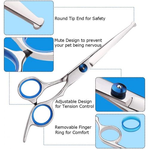  Pet Deluxe Pet Dog Grooming Scissors Kit, Stainless Steel 5 in 1 Premium Set, Safety Round Tip Grooming Shears for Large Dogs, Cats or Other Pets.