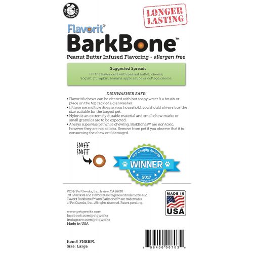  Pet Qwerks Barkbone Flavorit Peanut Butter Flavor Bone - Fillable Surface for Spreads, Tough Durable Toys for Aggressive Power Chewers | Made in USA, FDA Compliant Nylon - for Larg