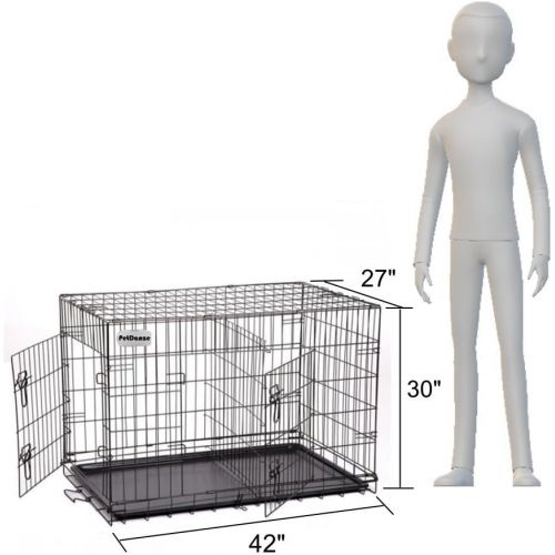  PetDanze Large Dog Kennels | XL Pet Carrier Travel Cage | Indoor Outdoor Outside Collapsible Portable Folding Wire Metal Crate | Double-Doors with Divider and Tray | 42x27x30 inche