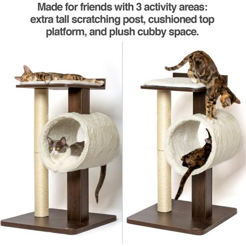  PetFusion Modern Cat Tree House & Tall Scratching Post (33 Tall). Modern and Neutral Platforms, Espresso Finish