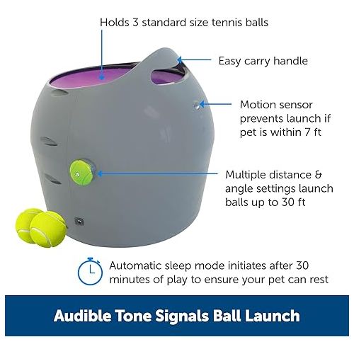  PetSafe Automatic Tennis Ball Launcher - Interactive Dog Thrower Adjustable Range Motion Sensor Indoor & Outdoor Toy A/C Power or Batteries Fetch Machine for Small to Large Dogs , Gray