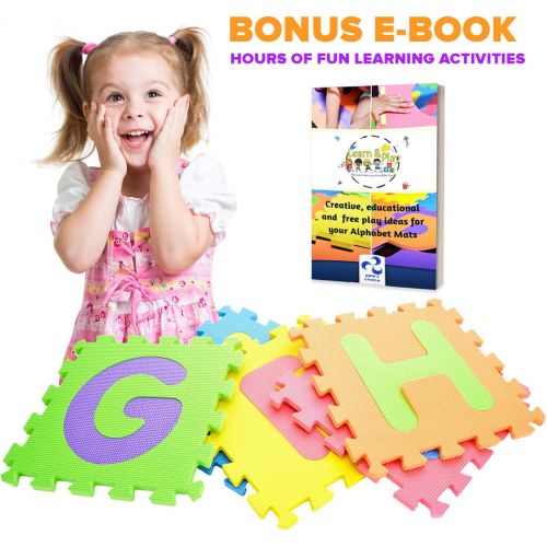  Petes choice SAFEST Non Toxic Alphabet Puzzle Mat | THICKEST ABC + Numbers 0 to 9 Flooring Mat | Bonus Fun Learning eBook | Reusable Carry Bag | Kids Learn & Play with Interlocking Puzzle Piece