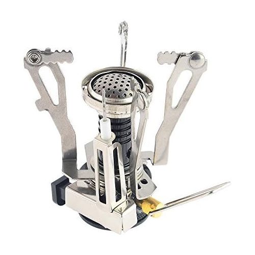  Petforu Camping Stoves, Outdoor Camping Hiking Backpacking Picnic Cookware Cooking Tool Set Pot Pan & Piezo Ignition Canister Stove & Aluminum Portable Foldable Stove Cooker Windsc