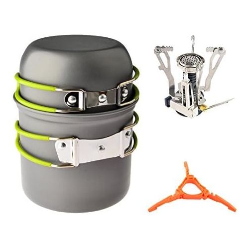  Petforu Camping Cookware Set, Cooking Utensils [Backpacking & Camping Stoves] + [Camping Pots & Pans] + [Ignition Canister Stove & Canister Stand Tripod]