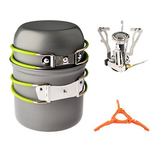  Petforu Camping Cookware Set, Cooking Utensils [Backpacking & Camping Stoves] + [Camping Pots & Pans] + [Ignition Canister Stove & Canister Stand Tripod]