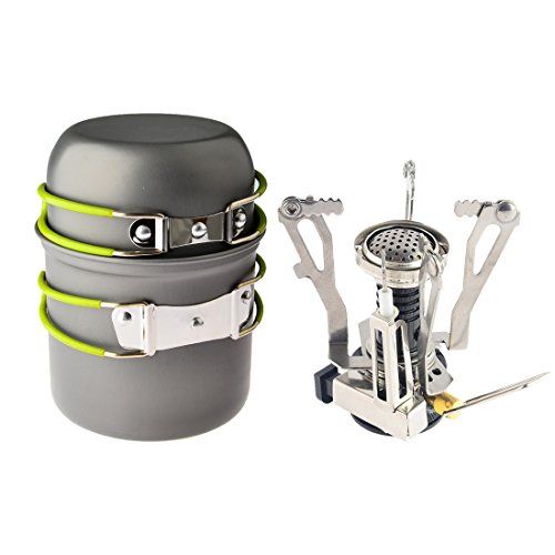  Camp Stove,Petforu Outdoor Camping Stove Cookware Hiking Backpacking Picnic Cookware Cooking Tool Set Pot Pan + Piezo Ignition Canister Stove Propane Canister