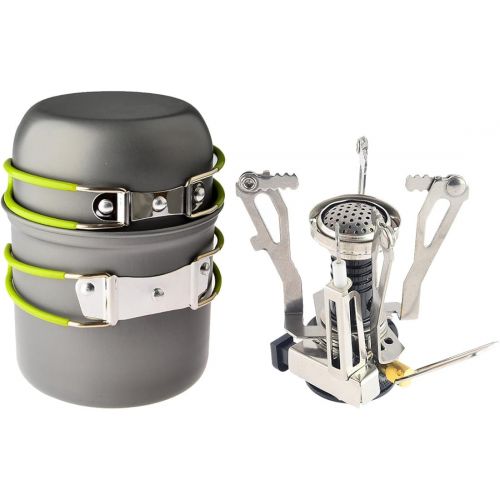  Camp Stove,Petforu Outdoor Camping Stove Cookware Hiking Backpacking Picnic Cookware Cooking Tool Set Pot Pan + Piezo Ignition Canister Stove Propane Canister