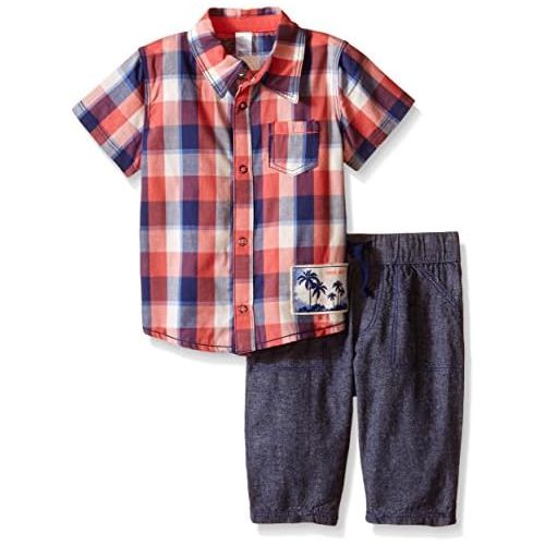  Petit Lem Baby Boys 2 Piece Set Short Sleeve Shirt and Pant-Blue/Red Plaid