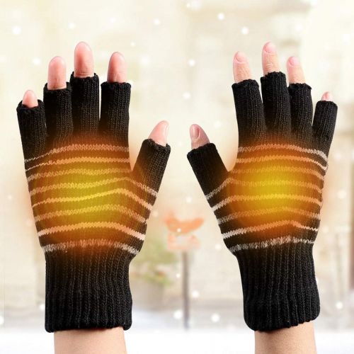  [아마존베스트]Petyoung USB Heated Stripes Gloves for Men and Women Mitten, Unisex Knitting Wool Heated Gloves Hands Warmer Laptop Gloves Fingerless Washable (Black ＆ Strips)