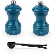 Peugeot Bistro Manual Salt & Pepper Mill Gift Set, Gloss Painted Wood, 10 cm - 4″- With Stainless Steel Spice Scoop/Bag Clip (Pacific Blue)