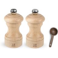 Peugeot Bistro Manual Salt & Pepper Mill, Natural Wood 10 cm - 4in - With Wooden Spice Scoop (Salt & Pepper Mill Set)