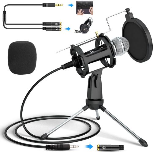  Recording Microphone with Stand, PEYOU Plug and Play Microphone for iPhone Computer, with [Real-Time Earback Monitor] Podcast Condenser Microphone, Clear Sound PC Mic for Singing/G